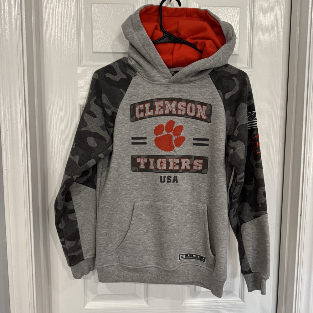 Clemson University Tigers Colosseum Youth Gray Hoodie Paw Print Logo Med 12-14